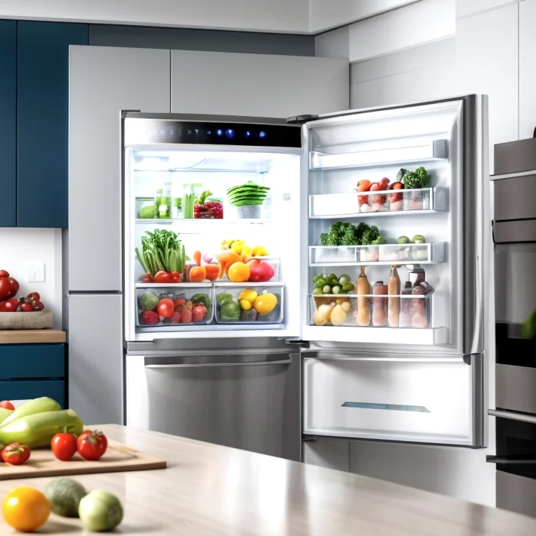 Intelligenter Kühlschrank mit geöffneter Tür und frischen Lebensmitteln